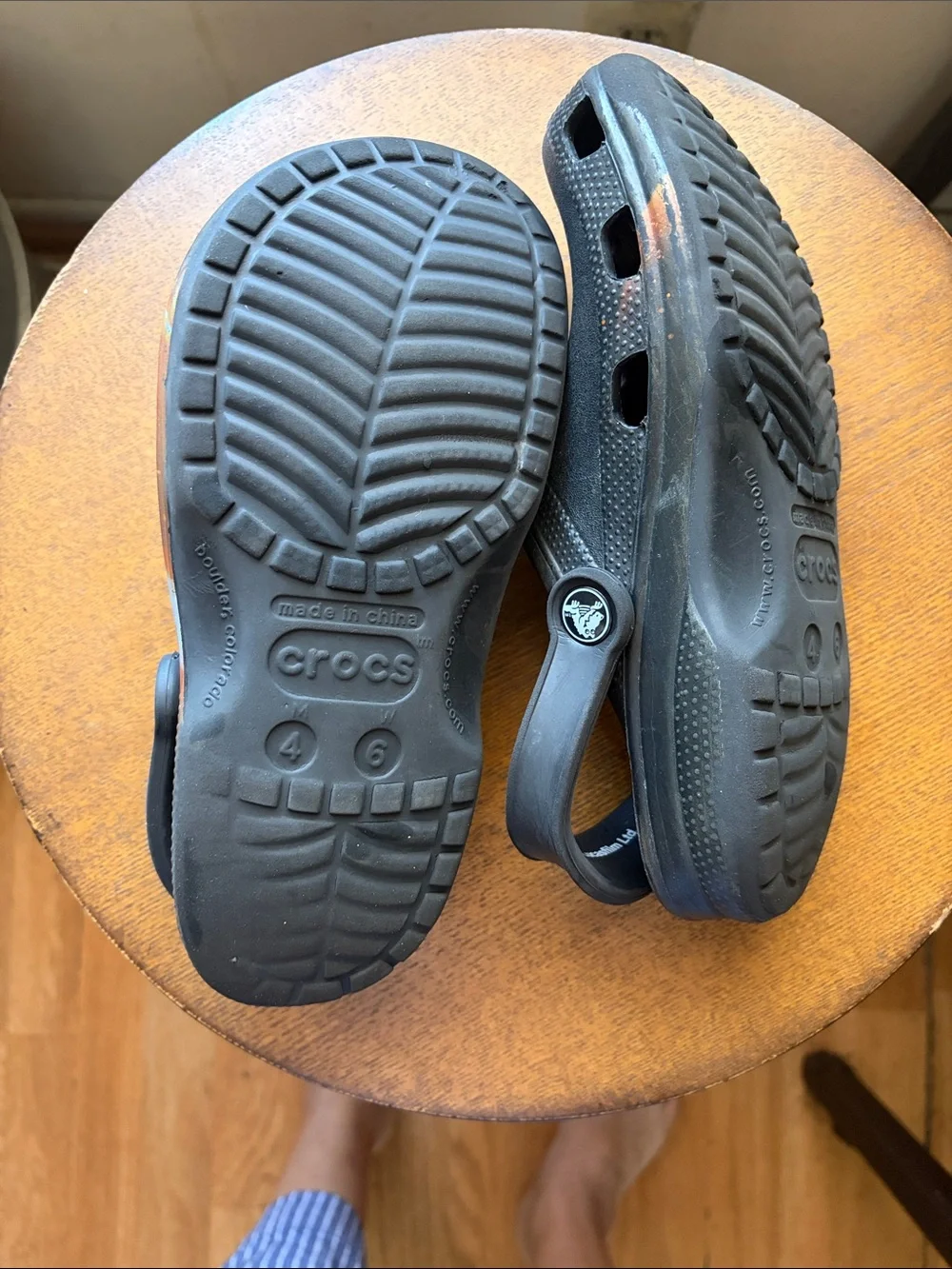 CROCS Kids Black Foam Clogs with Red & Orange Accent Graphic